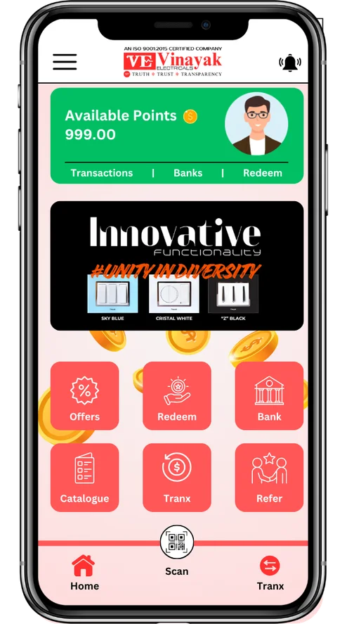 The VINAYAK KONNECT app showing a 999.00 points balance with Offers, Redeem, Bank, Catalogue, Transactions and Refer options, and a QR scan button