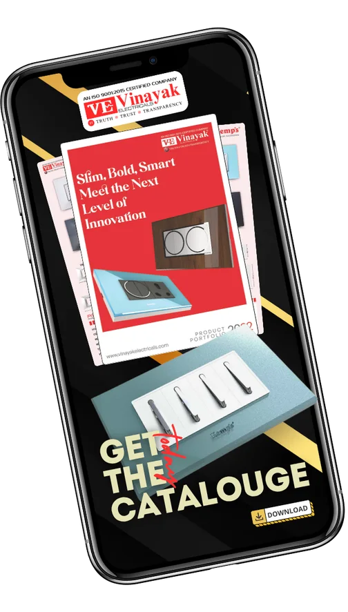 The Vinayak Electricals product catalogue on a phone — "Slim. Bold. Smart. Meet the Next Level of Innovation."