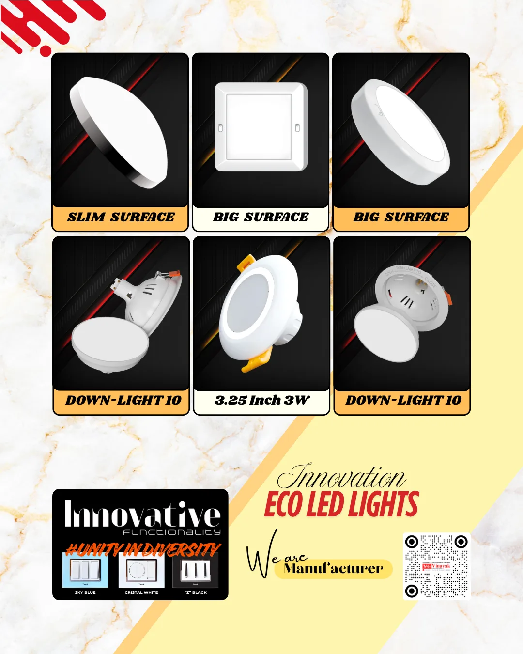 Eco LED lighting range — slim surface, big surface and down-light panels manufactured by Vinayak Electricals