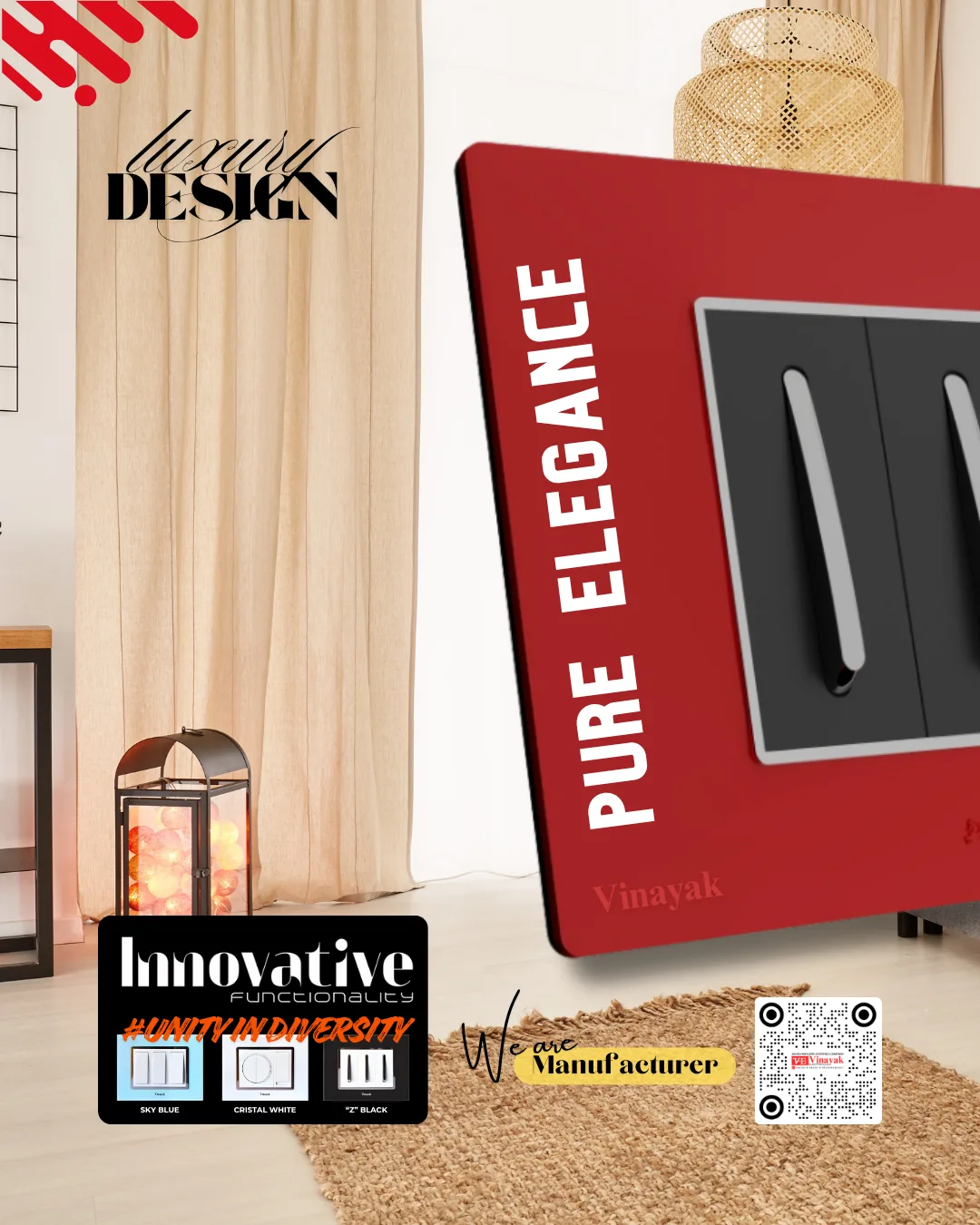 Red modular switch plate styled in a living room interior — luxury design range